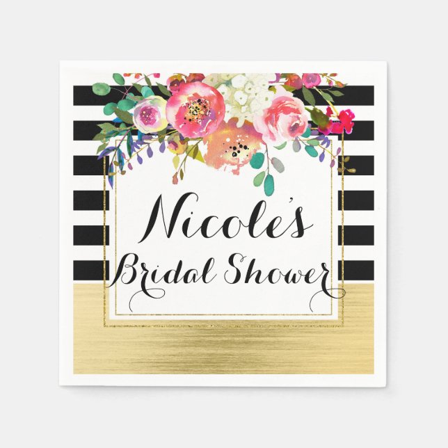 Black White Gold Modern Floral Glam Bridal Shower Napkins (Front)