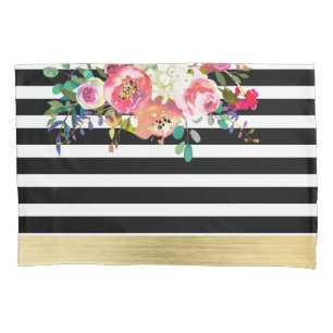 Black White Gold Modern Floral Glam Chic Glamour Pillow Case