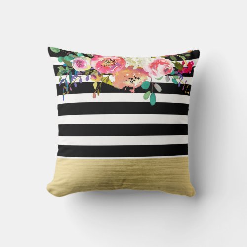 Black White Gold Modern Floral Glam Chic Glamour Throw Pillow
