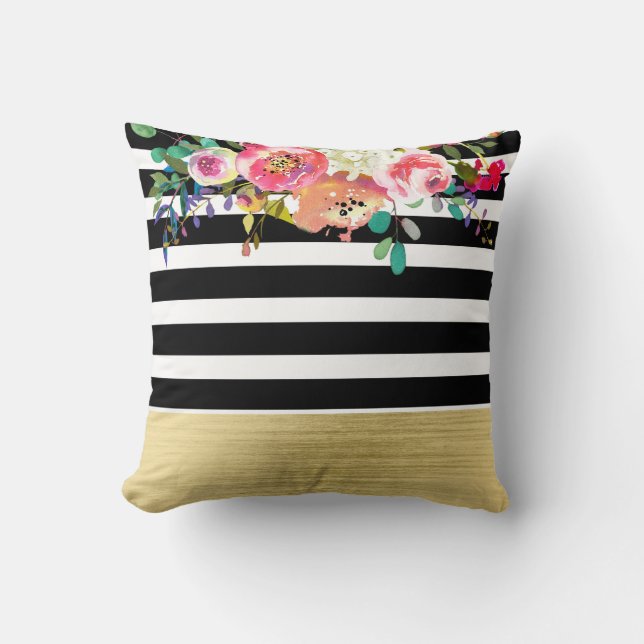 Black White Gold Modern Floral Glam Chic Glamour Throw Pillow (Front)