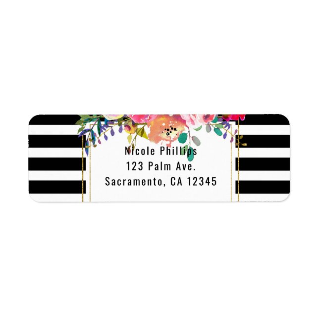 Black White Gold Modern Floral Glam Elegant Chic Label (Front)