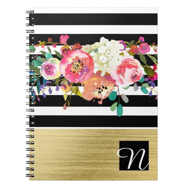 Black White Gold Modern Floral Glam Elegant Chic Notebook (Front)