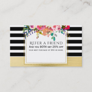 Black White Gold Modern Floral Glam Refer a Friend Referral Card