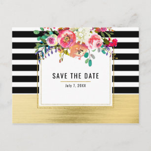 Black White Gold Modern Floral Glam Save the Date Announcement Postcard
