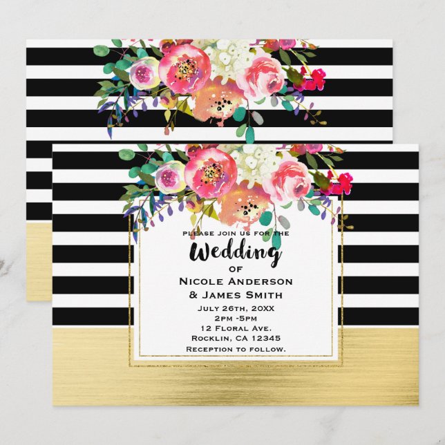 Black White Gold Modern Floral Glam Wedding Chic Invitation (Front/Back)