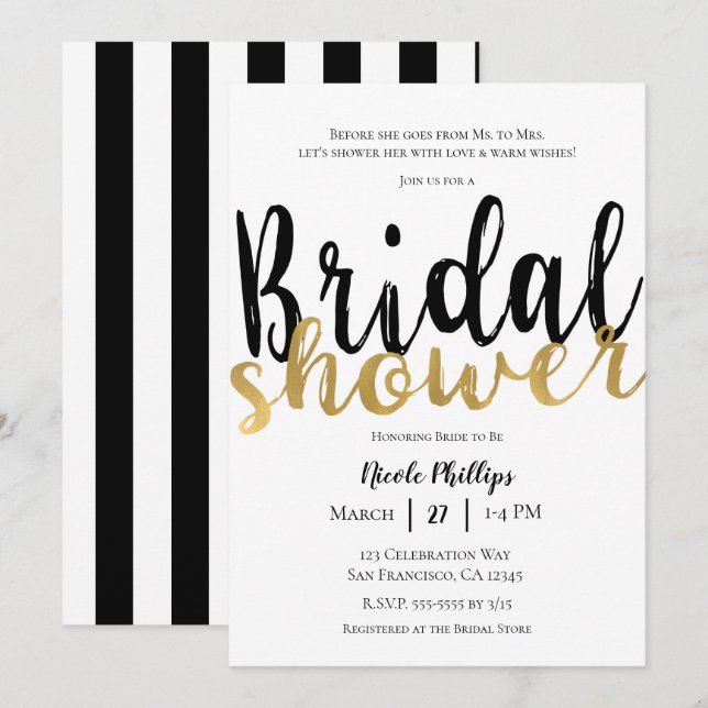Black White Gold Modern Glam Bridal Shower Invitation (Front/Back)