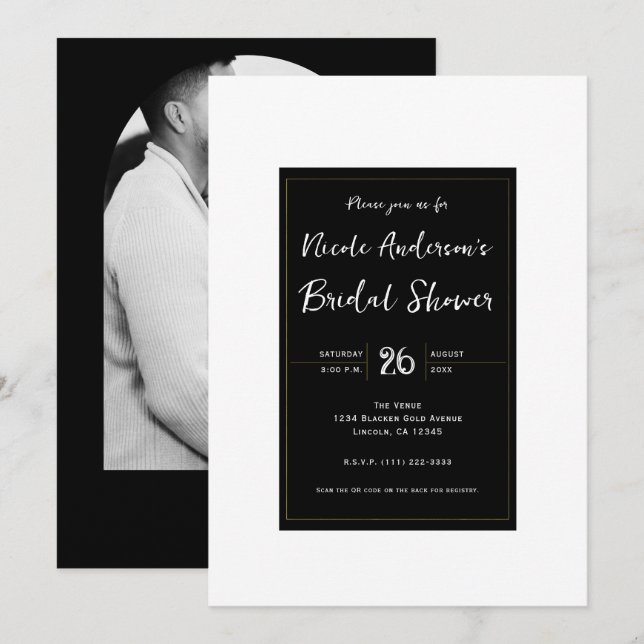 Black White Gold Modern Minimal Bridal Shower Invitation (Front/Back)