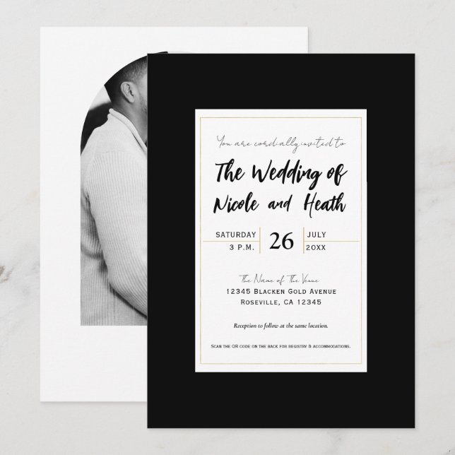 Black White Gold Modern Minimal Elegant Wedding Invitation (Front/Back)