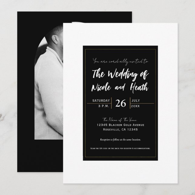 Black White Gold Modern Minimal Elegant Wedding Invitation (Front/Back)