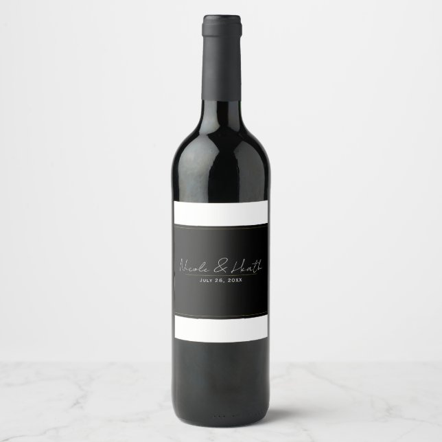 Black White Gold Modern Minimal Elegant Wedding Wine Label (Front)