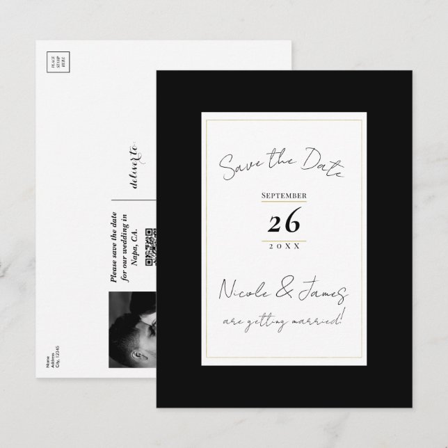 Black White Gold Modern Minimal Save the Date Announcement Postcard (Front/Back)