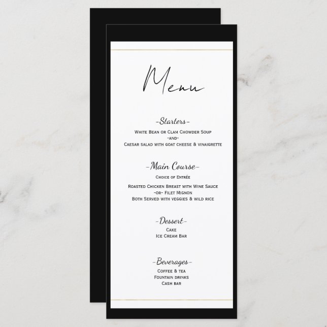 Black White Gold Modern Minimal Wedding Menu (Front/Back)