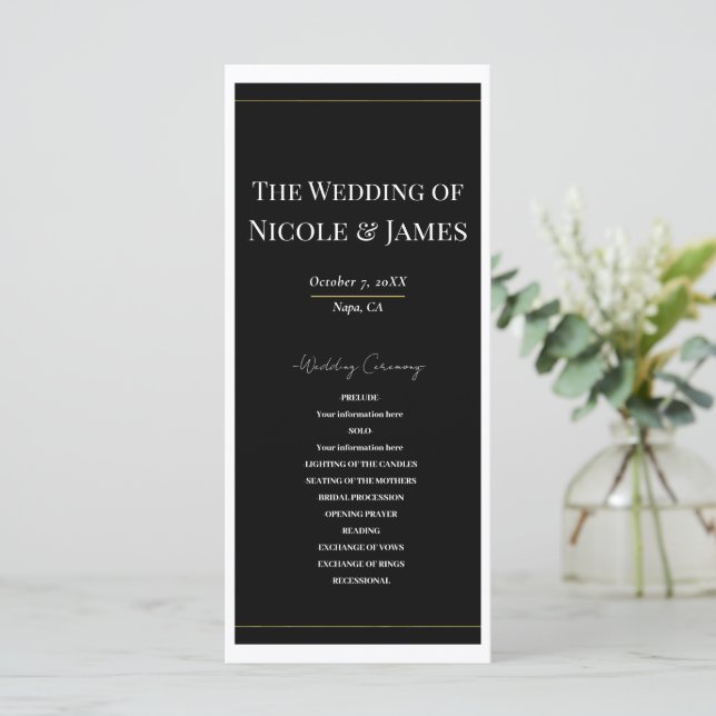 Black White Gold Modern Minimal Wedding Program (Standing Front)