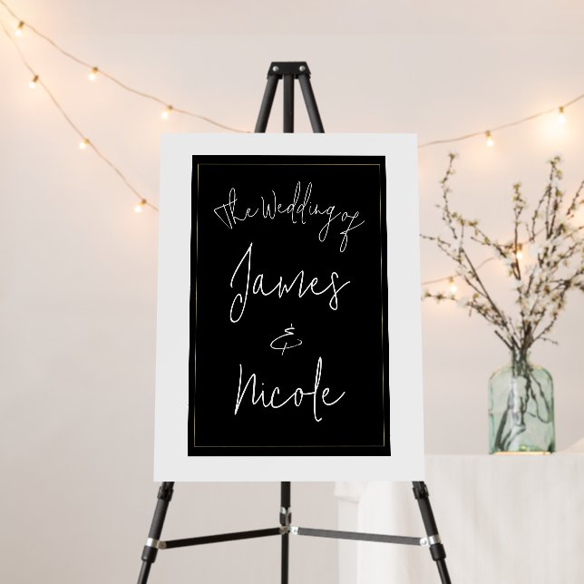 Black White Gold Modern Minimal Wedding Sign (In Situ (Stand))