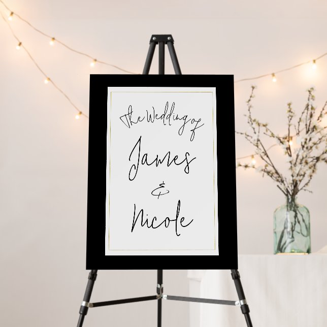 Black White Gold Modern Minimal Wedding Sign (In Situ (Stand))