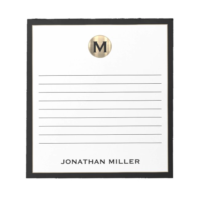 Black White Gold Monogram Lined Notepad (Front)