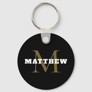 Black White Gold Monogram Name Minimal Keychain