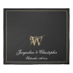 Black White Gold Monogram Names Newlywed Wedding Duvet Cover