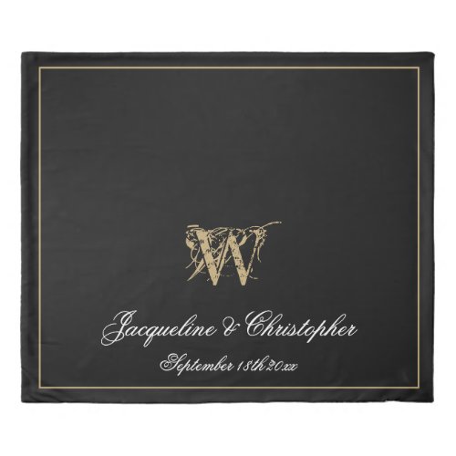 Black White Gold Monogram Names Newlywed Wedding Duvet Cover