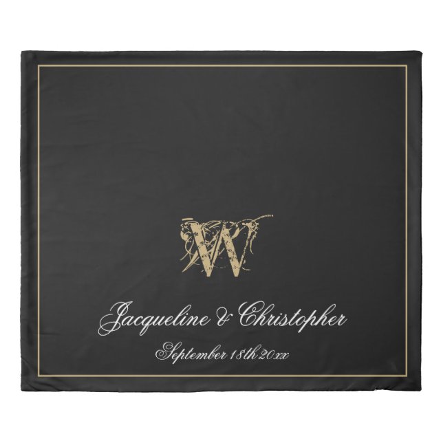 Black White Gold Monogram Names Newlywed Wedding Duvet Cover (Front)