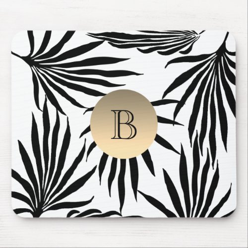 Black White Gold Monogram  Tropical Palm Tree Mouse Pad