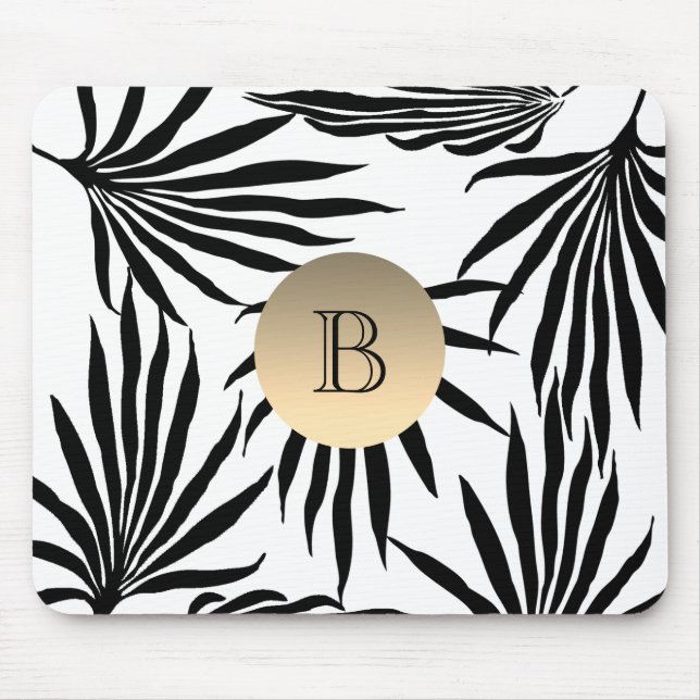 Black White Gold Monogram , Tropical Palm Tree Mouse Pad (Front)