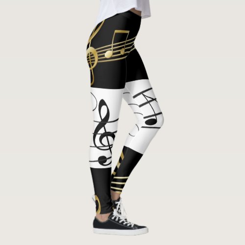 Black White Gold Music Notes Leggings