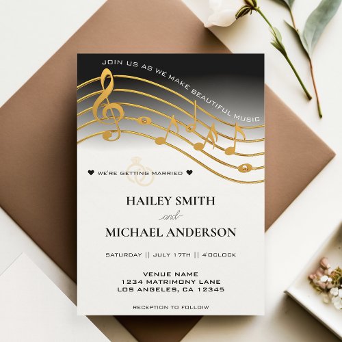 Black White  Gold Ombre Music Staff Wedding Invitation