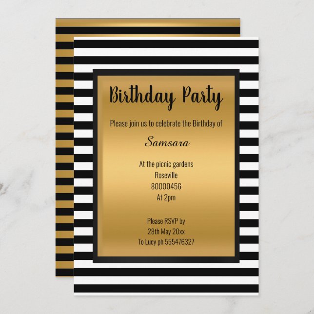 BLACK WHITE GOLD PATTERN STRIPE ALL OCCASION INVITATION (Front/Back)