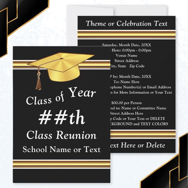 Black, White, Gold, Personalized Class Reunion  Invitation (Personalized Black Gold, Class Reunion Invitations. 50th, 40th, 30th class reunion invitations.)
