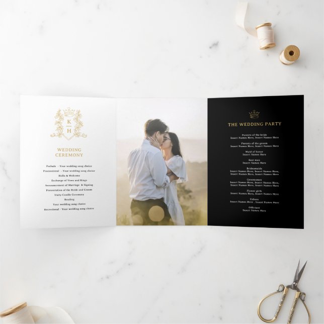 Black white gold photo crown monogram wedding Tri-Fold program (Inside)