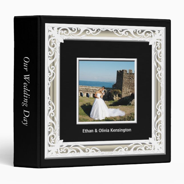 Black, White & Gold Photo Frame Wedding Album 3 Ring Binder (Front/Spine)