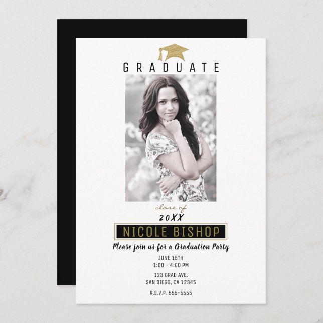 Black White Gold Photo Graduate Graduation Party  Invitation (Front/Back)