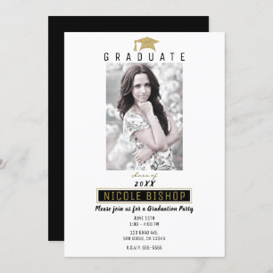 Black White Gold Photo Graduate Graduation Party Invitation