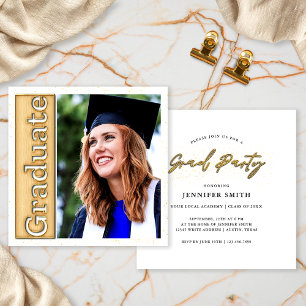 Black White Gold Photo Graduation Graduate Party Invitation
