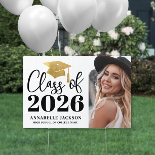 Black White Gold Photo Graduation Yard Sign