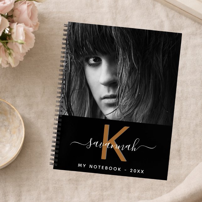 Black white gold photo monogram script notebook (Creator Uploaded)