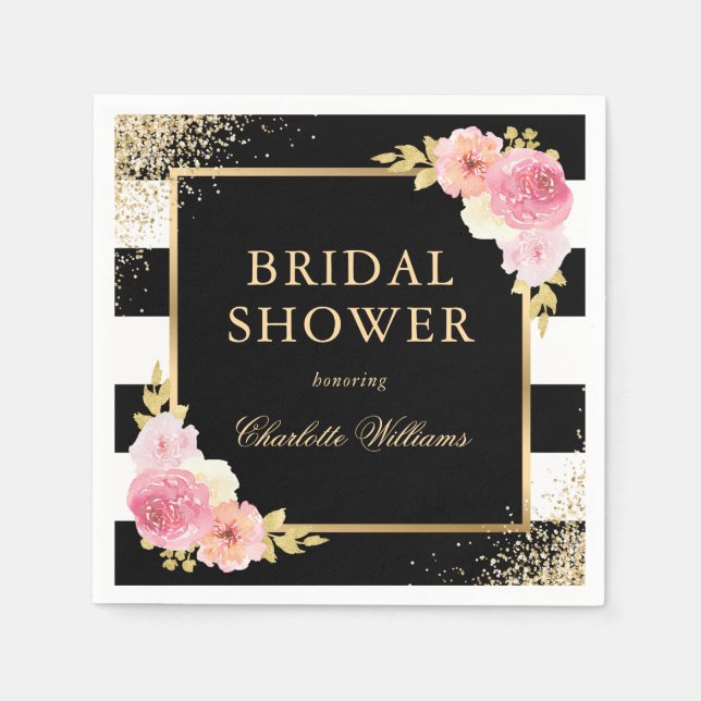 Black White Gold Pink Floral Bridal Shower Napkins (Front)