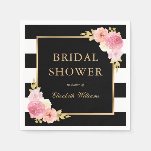 Black White Gold Pink Floral Bridal Shower Napkins