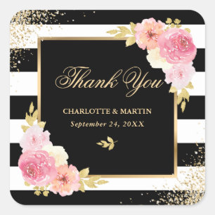 Black White Gold Pink Floral Wedding Thank You Square Sticker