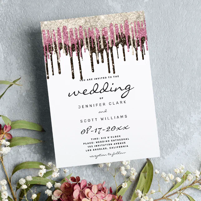 Black white gold pink glam glitter drips wedding invitation Zazzle