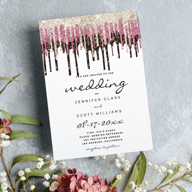 Black white gold pink glam glitter drips wedding invitation (Black white gold pink glam glitter drips wedding)