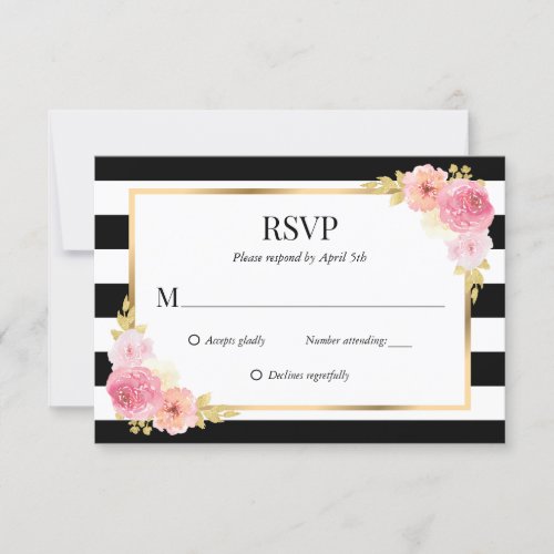 Black White Gold Pink Watercolor Floral Wedding RSVP Card