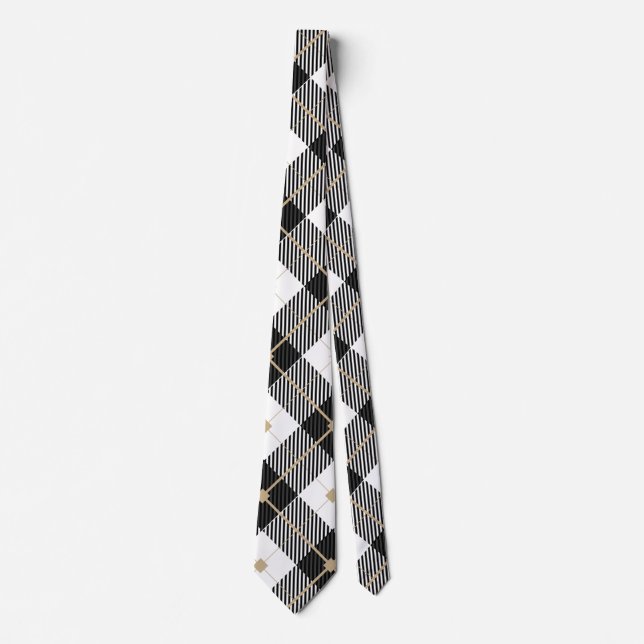 Black White Gold Plaid Men's Neck Tie (Front)