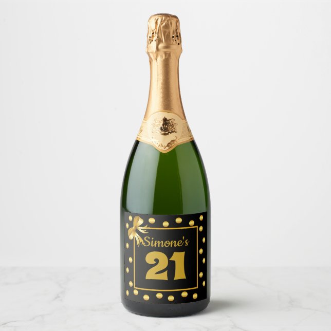 Black White Gold Polkadot girly glam 21st birthday Sparkling Wine Label (Front)