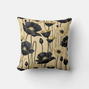Black, white & Gold Poppies Throw Pillow