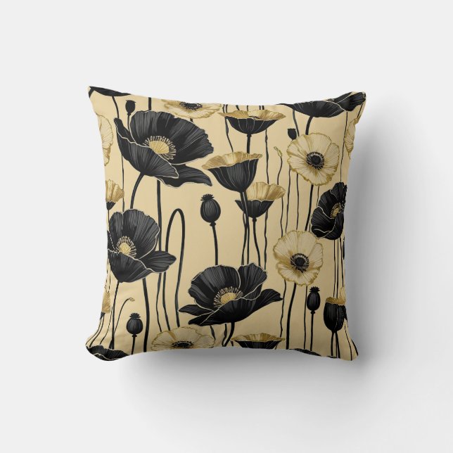 Black, white & Gold Poppies Throw Pillow (Front)