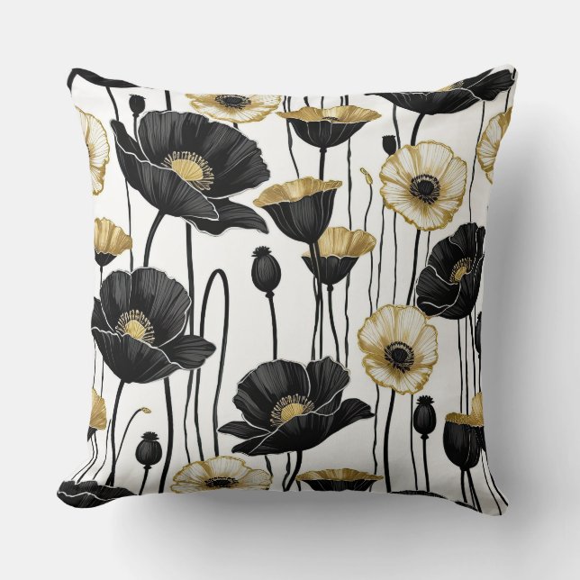 Black, white & Gold Poppies Throw Pillow (Front)