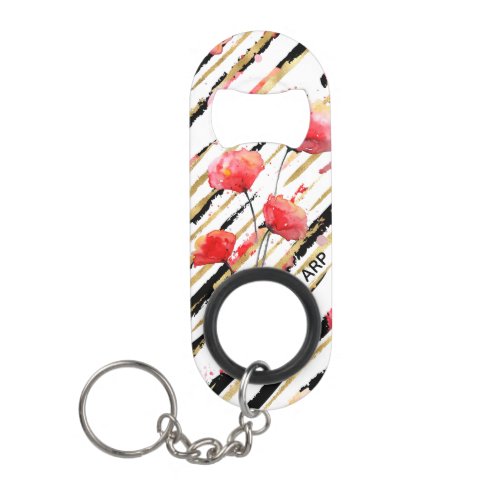  Black White Gold Red Poppy Pattern Keychain Bottle Opener