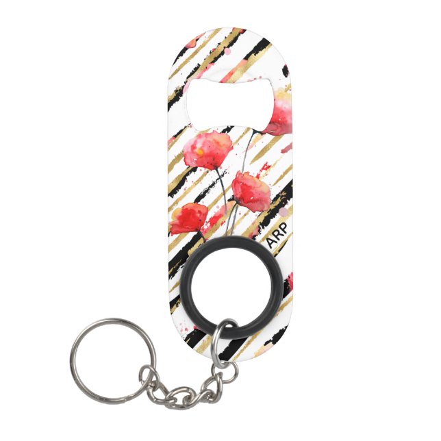 *~* Black White Gold Red Poppy Pattern Keychain Bottle Opener (Front)